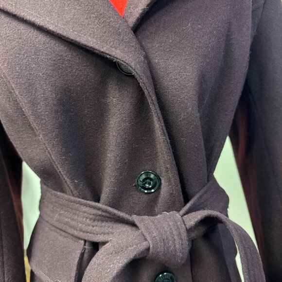 London Fog Wool Coat Burgandy with hood, belt and pockets for women size L - Picture 8 of 15